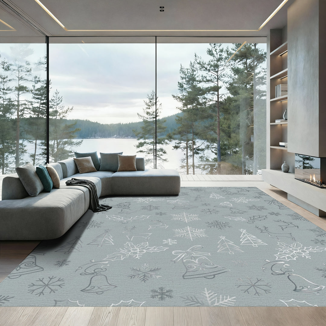 Silver Christmas Icons Snowflakes Reindeer Bells Rug