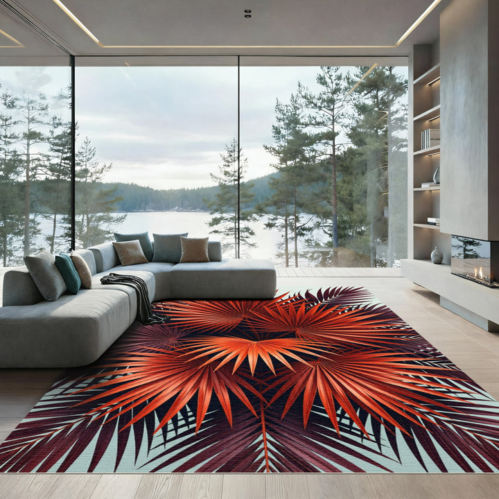 Vibrant Red Palm Frond Collage Rug