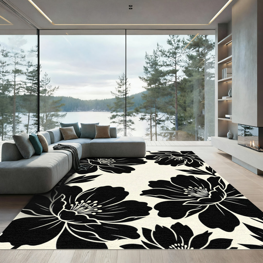 Bold Black Floral Art Rug