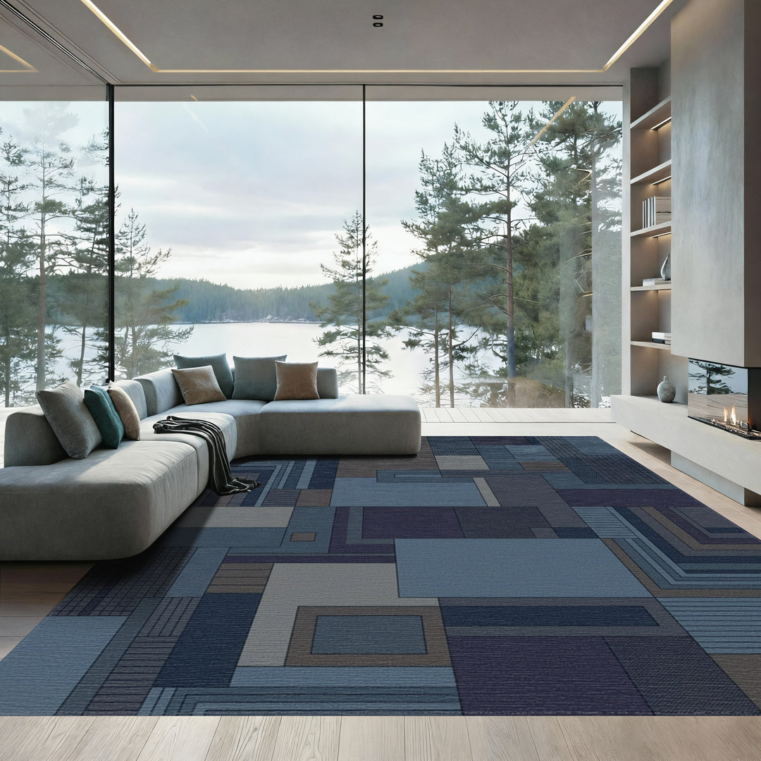 Modern Deep Blue Geometric Blocks Rug