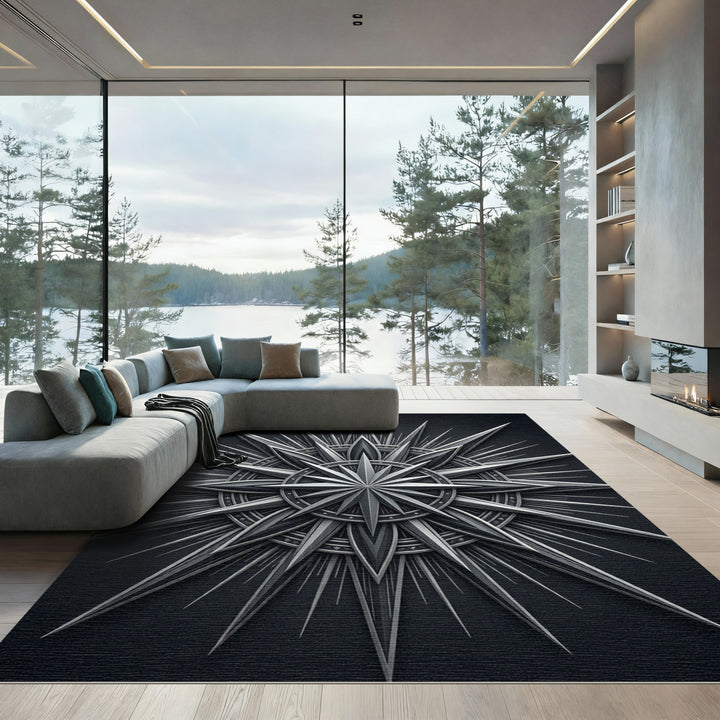 Ornate Silver Sunburst Compass Rug