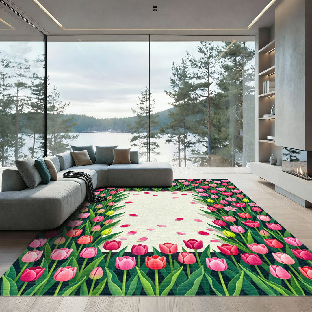 Pink Red Tulips Garden Border Rug