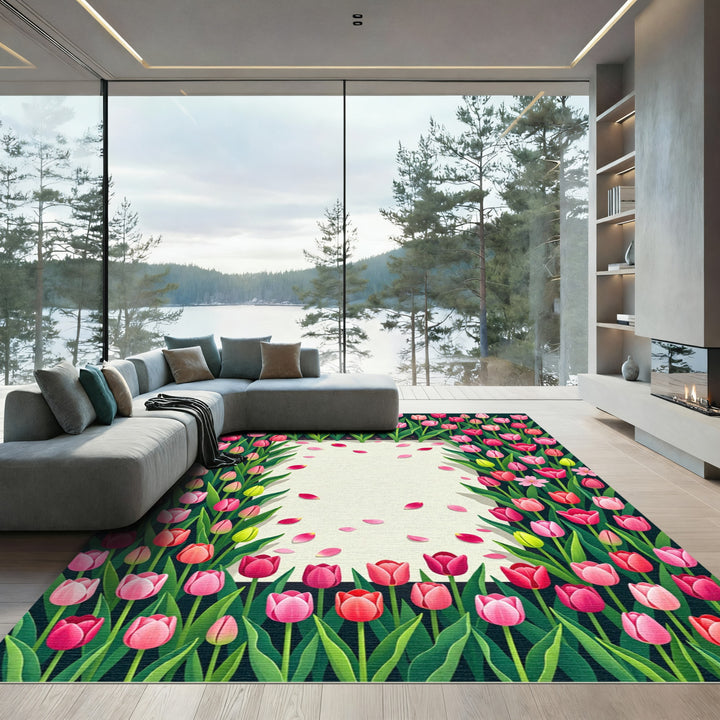 Pink Red Tulips Garden Border Rug