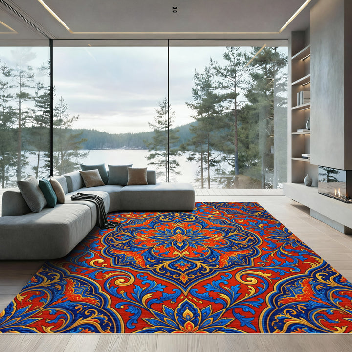 Ornate Sapphire Red Gold Medallion Rug