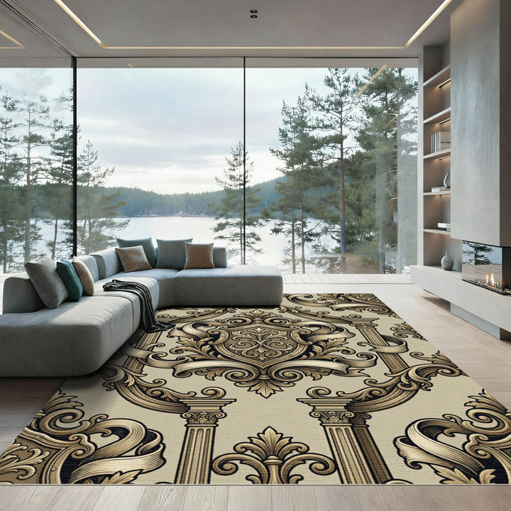 Golden Baroque Flourish Medallion Rug