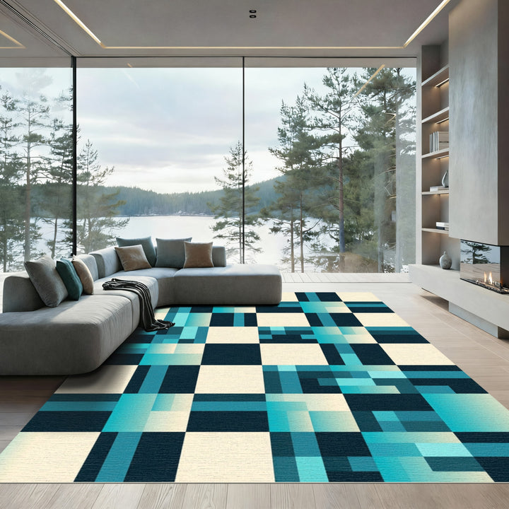 Teal Blue Gradient Checkerboard Square Rug