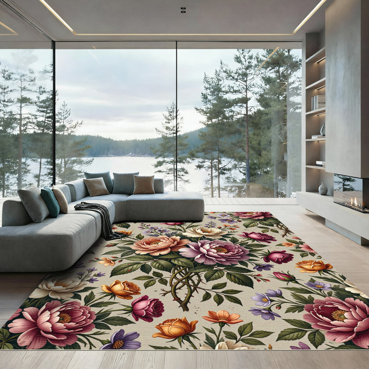 Rich Rose Garden Botanical Arrangement Rug