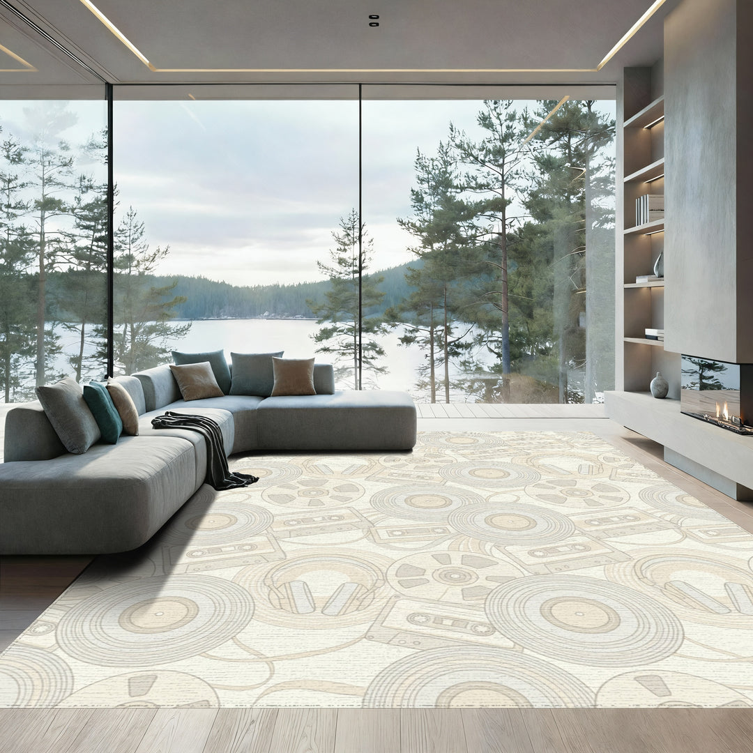 Retro Vinyl Cassette Headphone Cream Rug