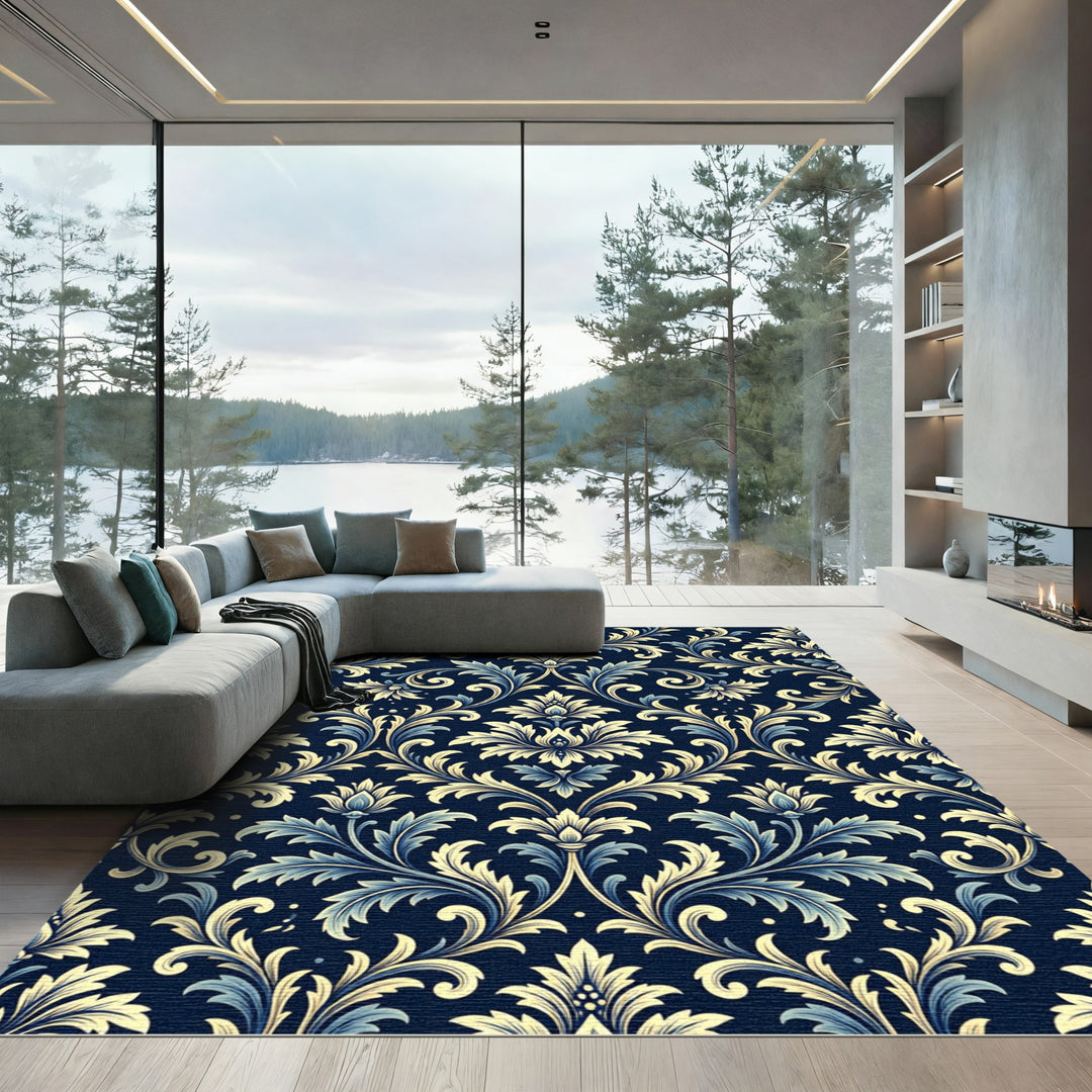 Gilded Blue Damask Floral Tapestry Rug