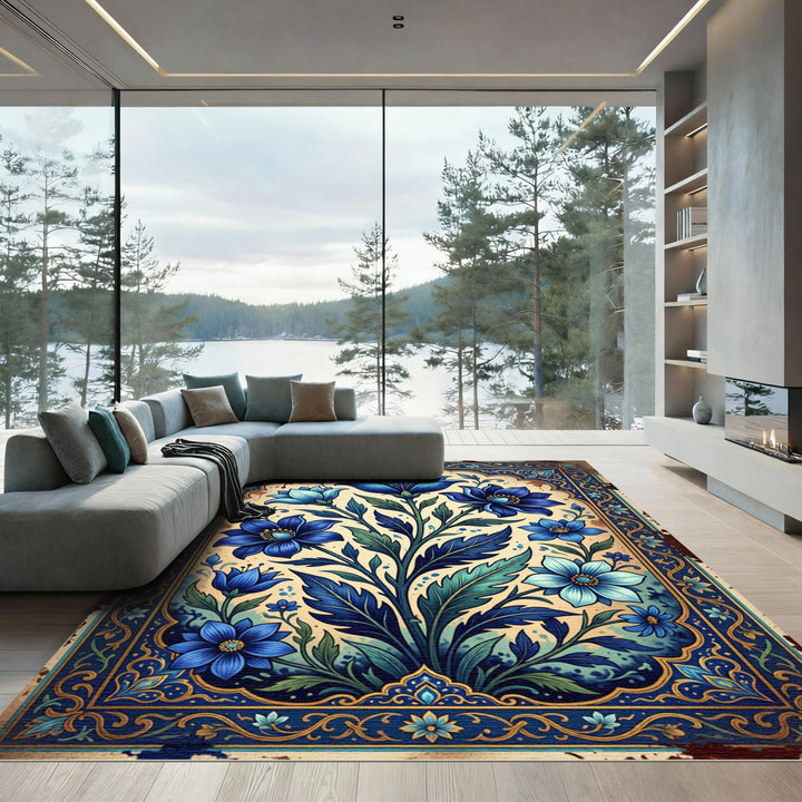 Deep Blue Floral Garden Frame Rug