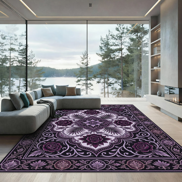 Deep Purple Floral Medallion Scroll Rug