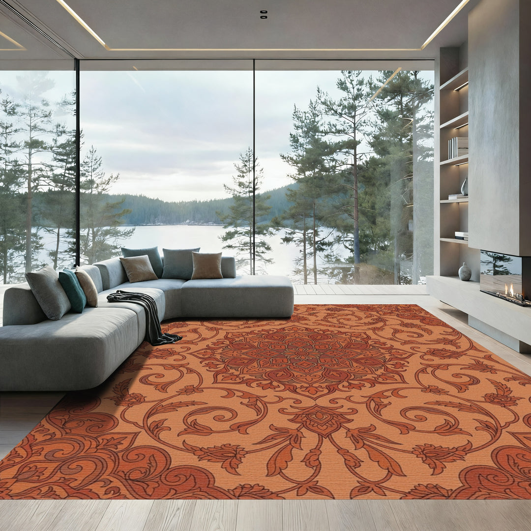 Terracotta Floral Medallion Intricate Scroll Rug