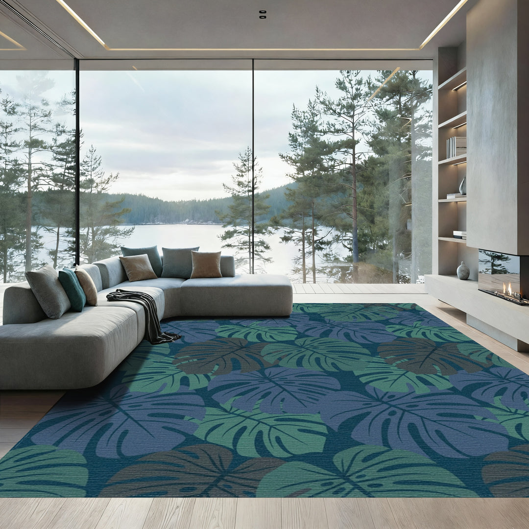 Deep Blue Green Leafy Tropical Canopy Rug