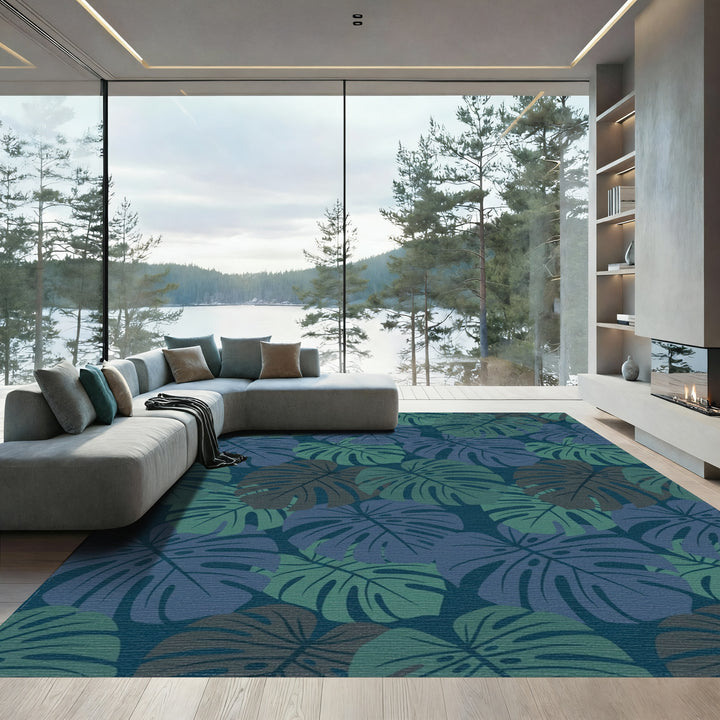 Deep Blue Green Leafy Tropical Canopy Rug