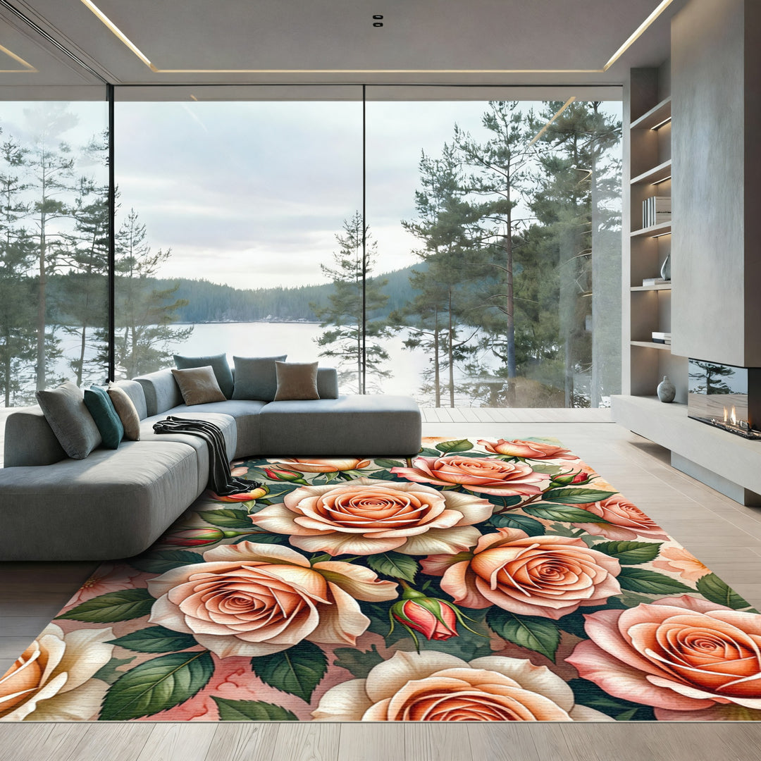 Peach Roses With Green Leaves Rug