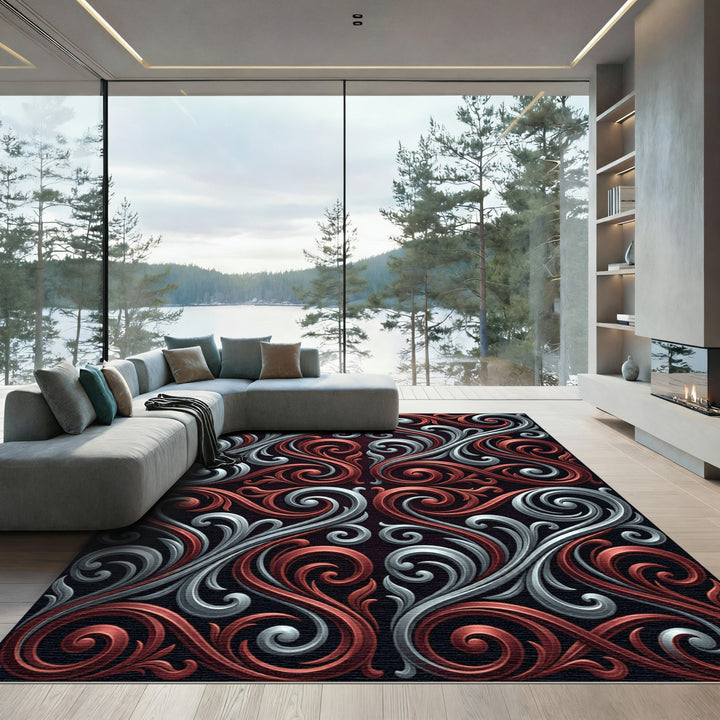 Red Silver Filigree Swirls Rug