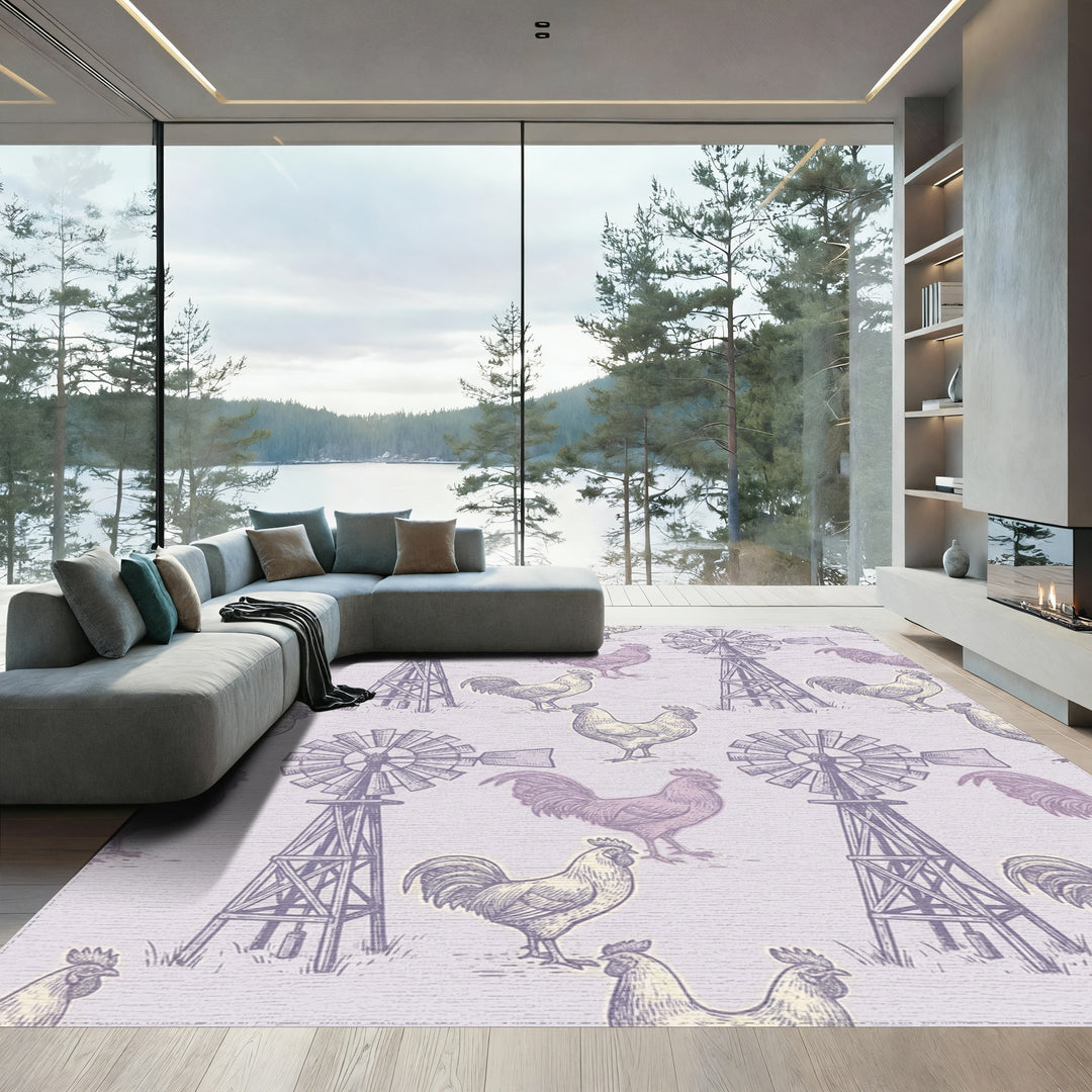 Farmhouse Lilac Rooster Windmill Illustration Rug