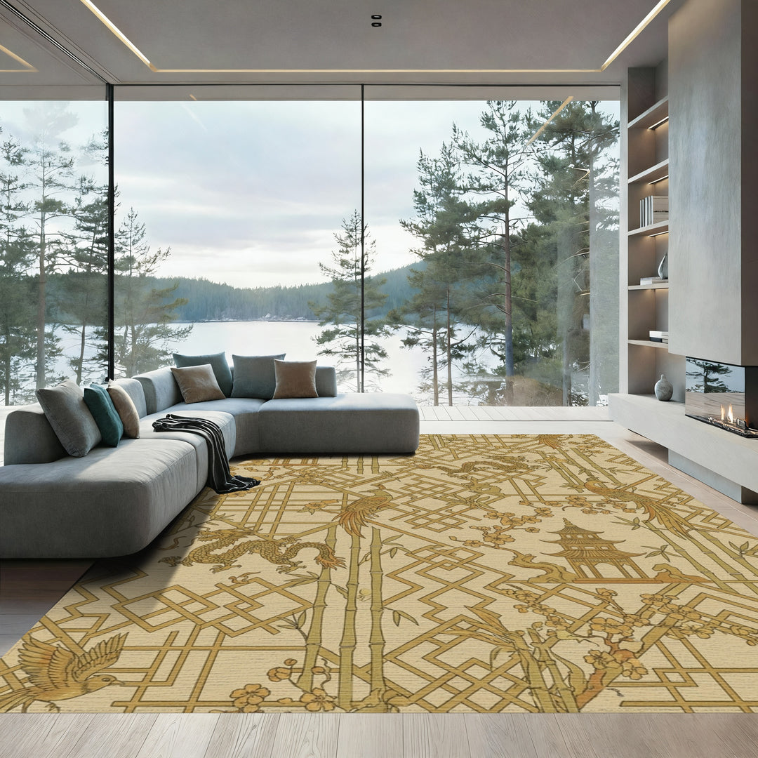 Golden Dragon Pagoda Bamboo Birds Rug