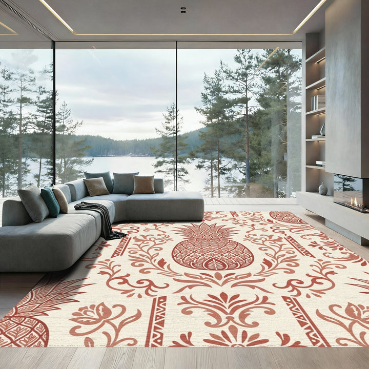 Rustic Red Pineapple Floral Scroll Rug