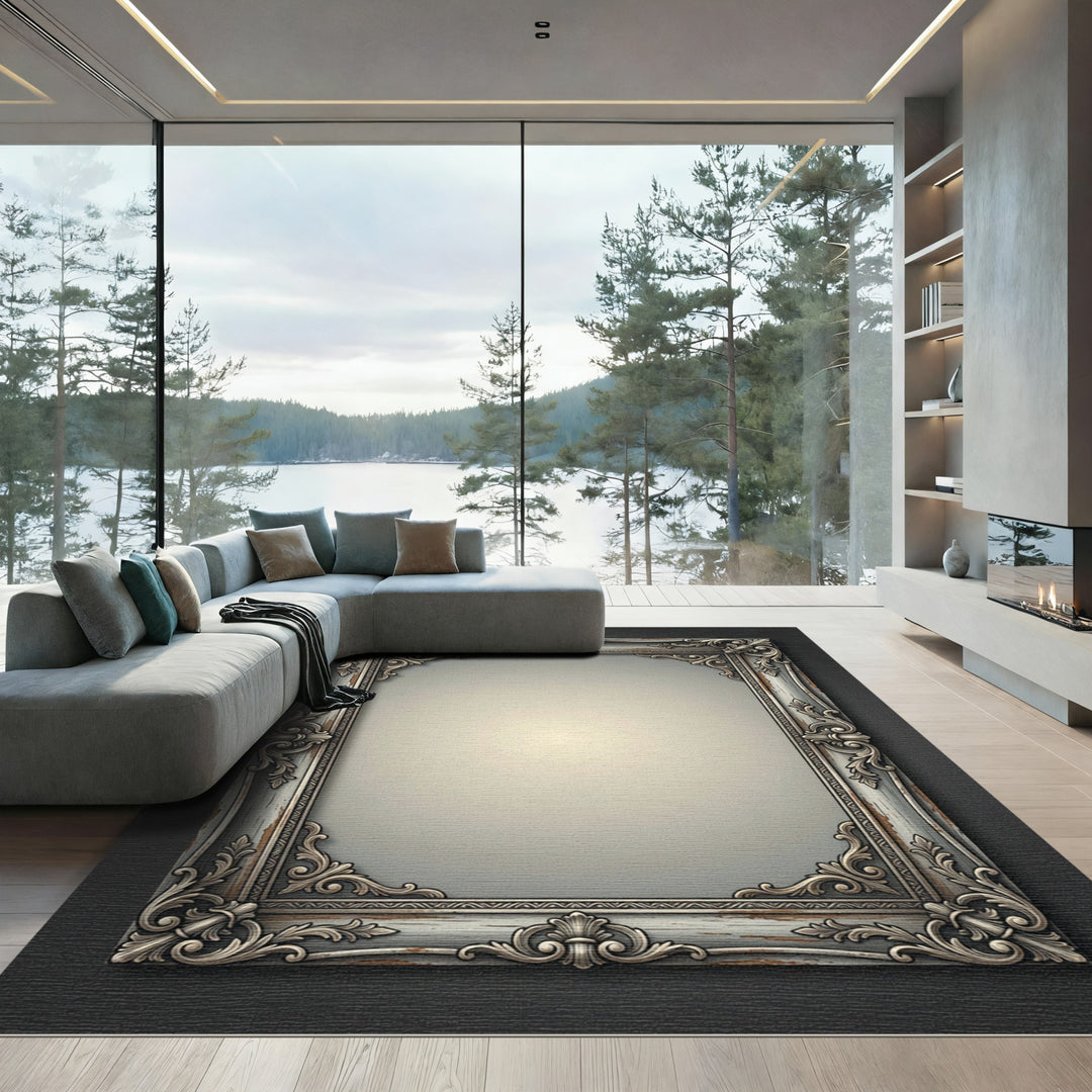 Ornate Vintage Silver Wood Frame Rug