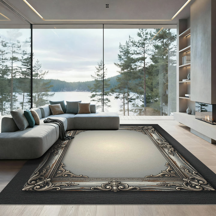 Ornate Vintage Silver Wood Frame Rug