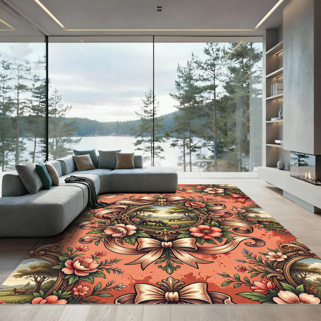 Coral Ribbon Floral Landscape Carousel Rug