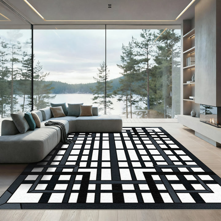 Modern Dark Geometric Lattice Composition Rug