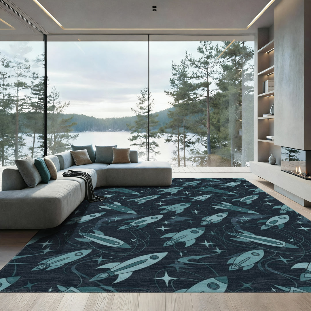 Retro Blue Mid Century Rocket Galaxy Rug