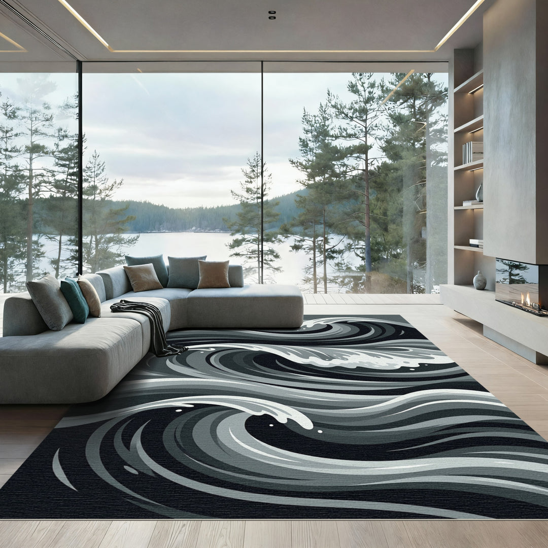 Grayscale Dynamic Ocean Swirls Rug