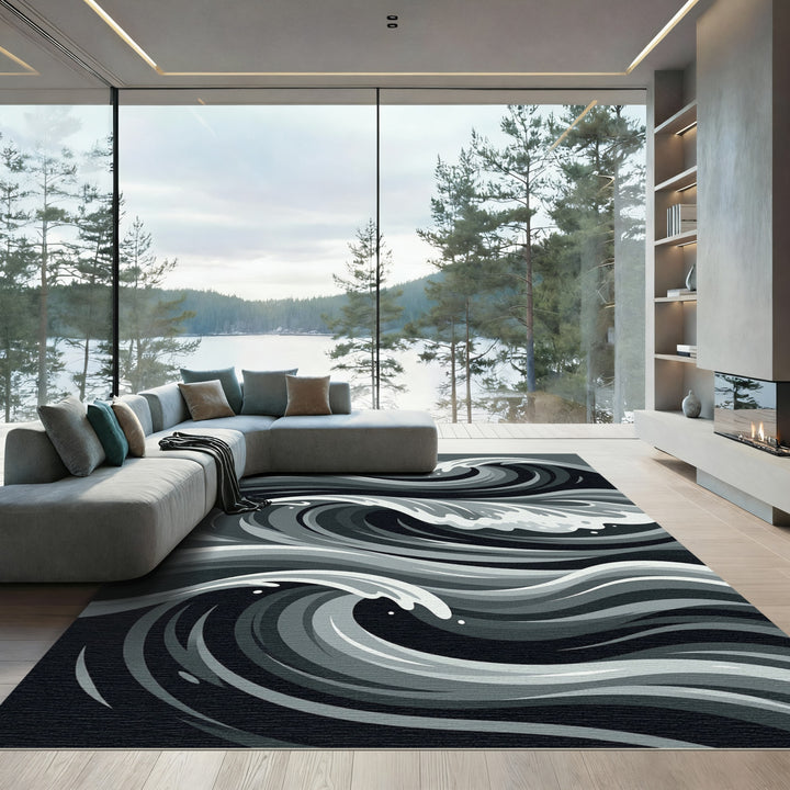 Grayscale Dynamic Ocean Swirls Rug