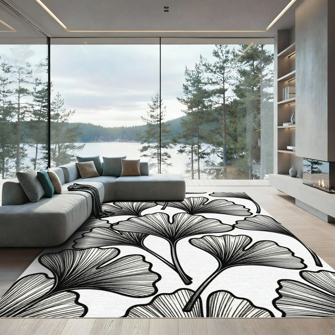 Black Ginkgo Leaf Line Drawing Rug