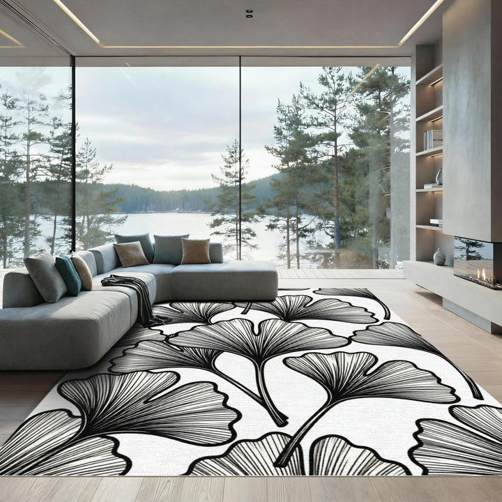 Black Ginkgo Leaf Line Drawing Rug
