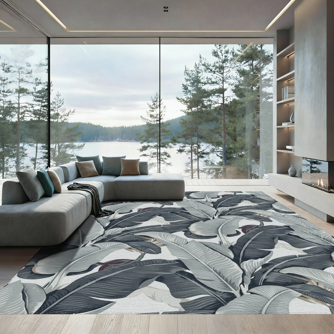 Monochrome Tropical Banana Leaf Lush Rug