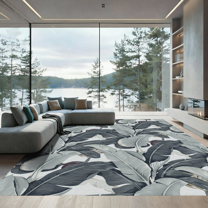 Monochrome Tropical Banana Leaf Lush Rug