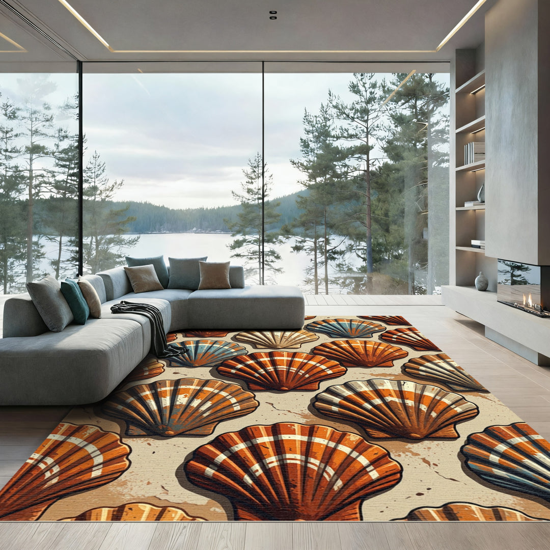 Coastal Orange And Blue Shell Pattern Rug