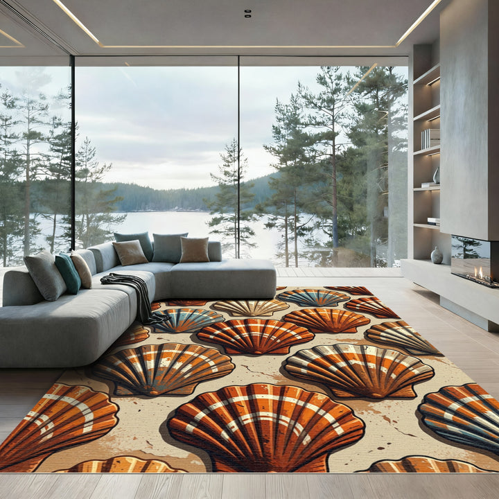 Coastal Orange And Blue Shell Pattern Rug