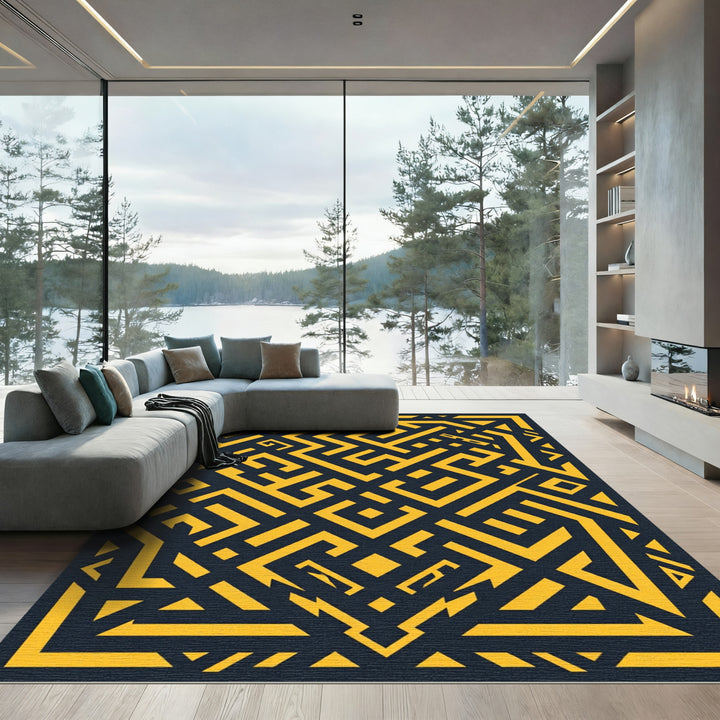 Geometric Maze Black Gold Rug