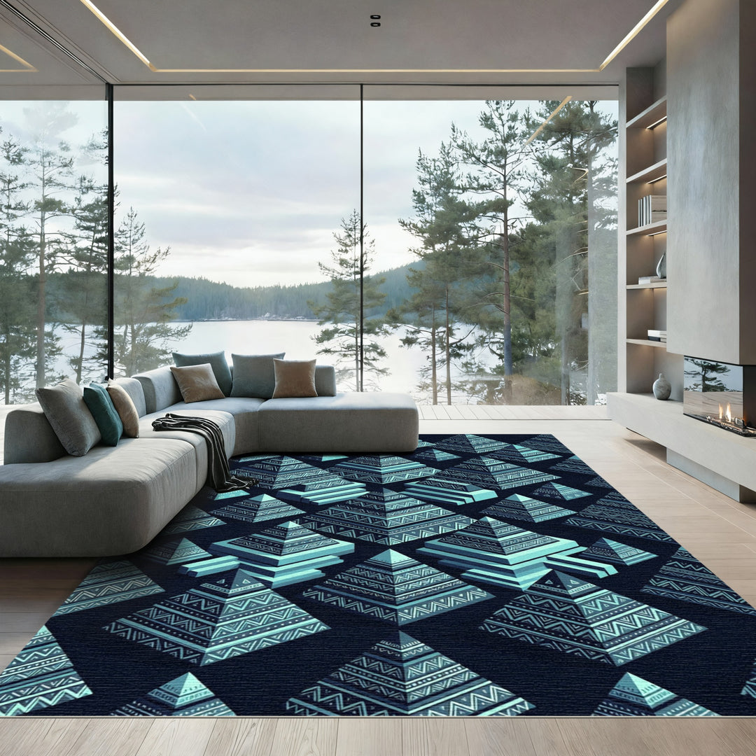 Blue Geometric Pyramid Pattern Rug