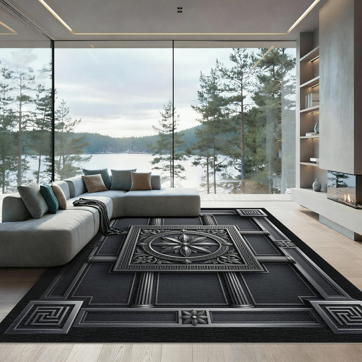 Gray Classical Floral Medallion Framing Rug