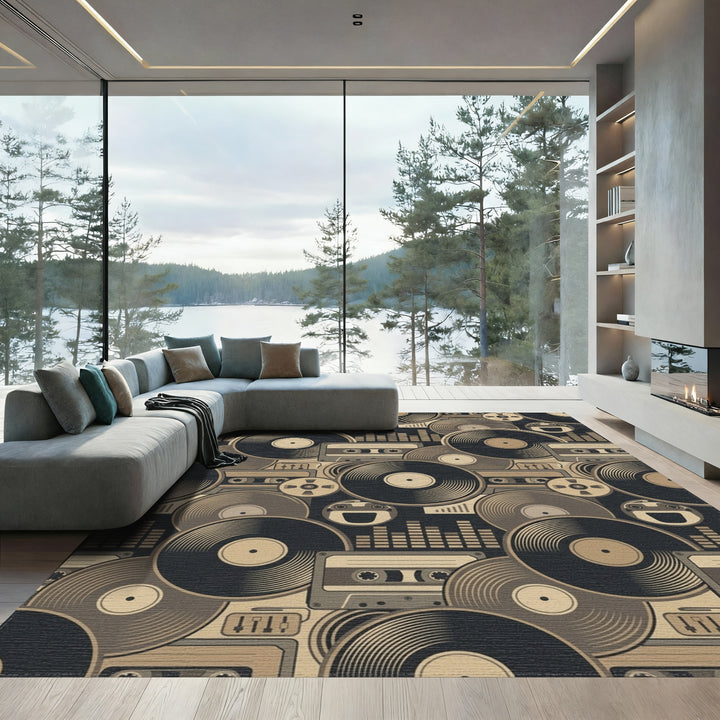 Retro Vinyl Record Cassette Tape Assemblage Rug