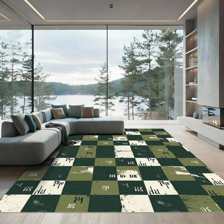 Distressed Chessboard Green Ivory Text Rug