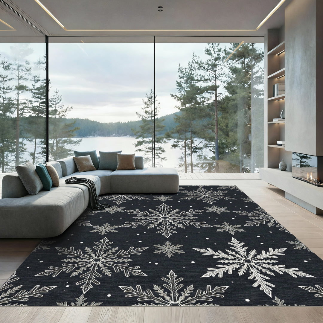 Black White Snowflake Christmas Pattern Rug