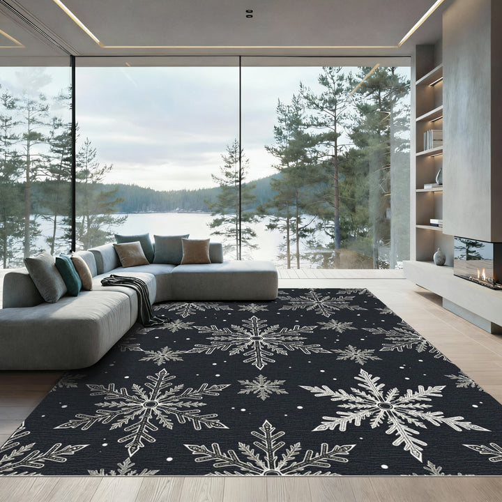 Black White Snowflake Christmas Pattern Rug