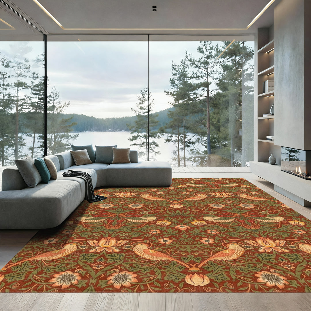 Earthy Red Bird and Strawberry Garden Rug