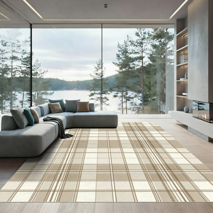 Classic Beige Plaid Tartan Rug