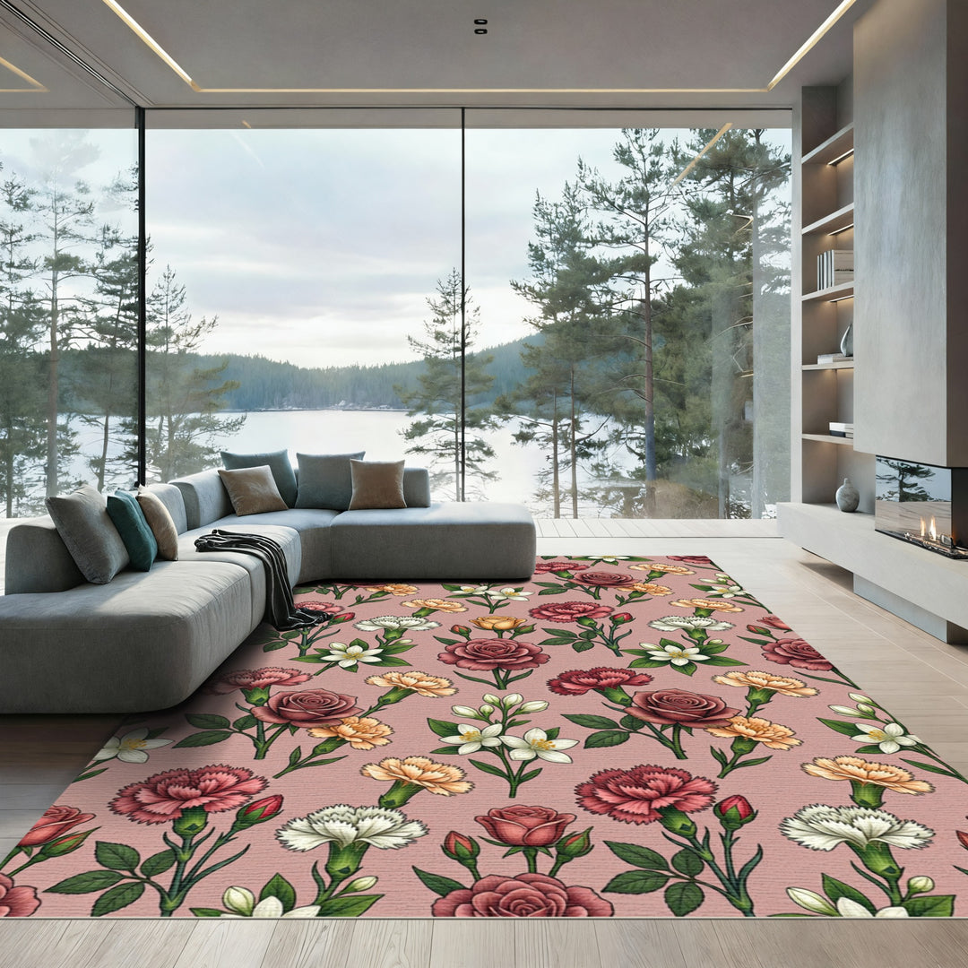 Deep Red Floral Bouquet Arrangement Rug