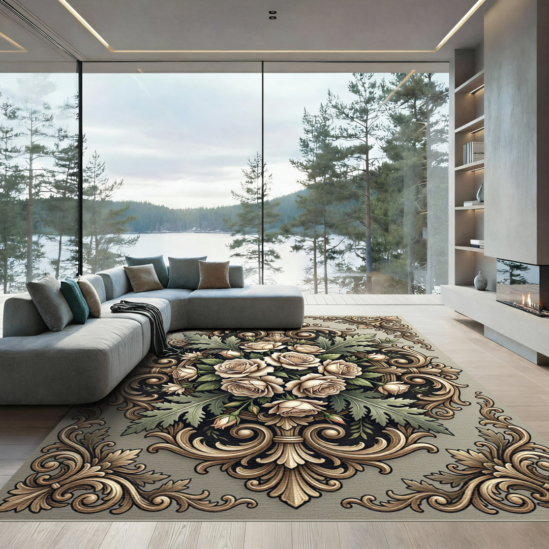 Luxurious Cream Rose Garland Ornament Rug