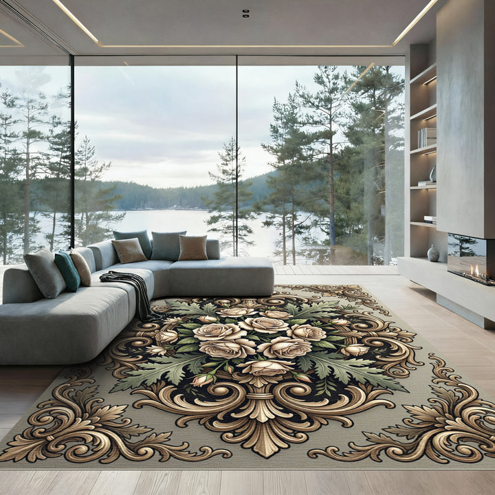 Luxurious Cream Rose Garland Ornament Rug