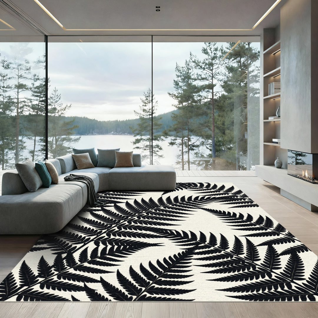 Black Fern Frond Tropical Composition Rug