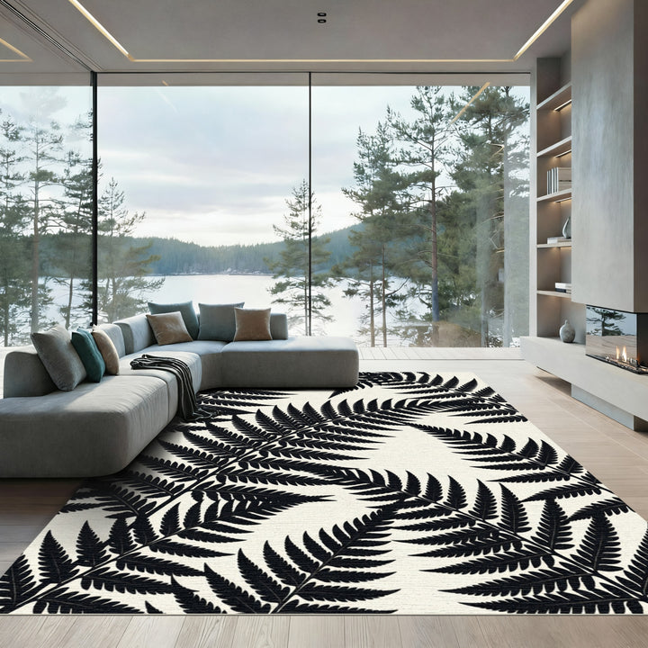 Black Fern Frond Tropical Composition Rug